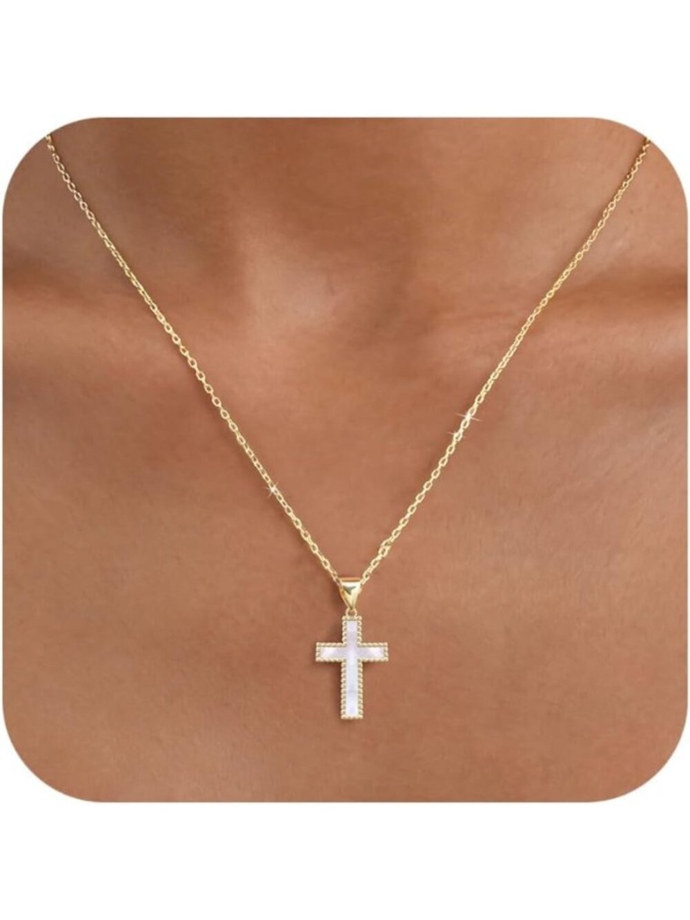 Elegant Mother of Pearl Cross Necklace, 14K Gold Plated Christian Jewelry for